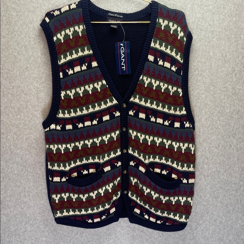 GANT Vintage Geometric Fair Isle Print Cardigan Grandpa Preppy Sweater Vest NWT